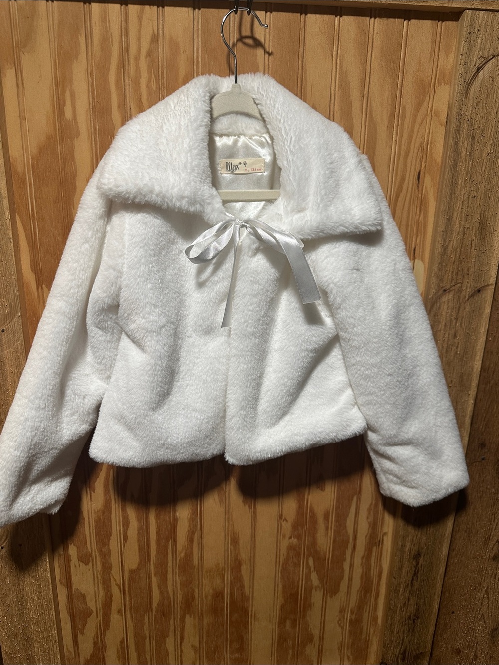 White Faux Fur Tie-Collar Jacket - Girls